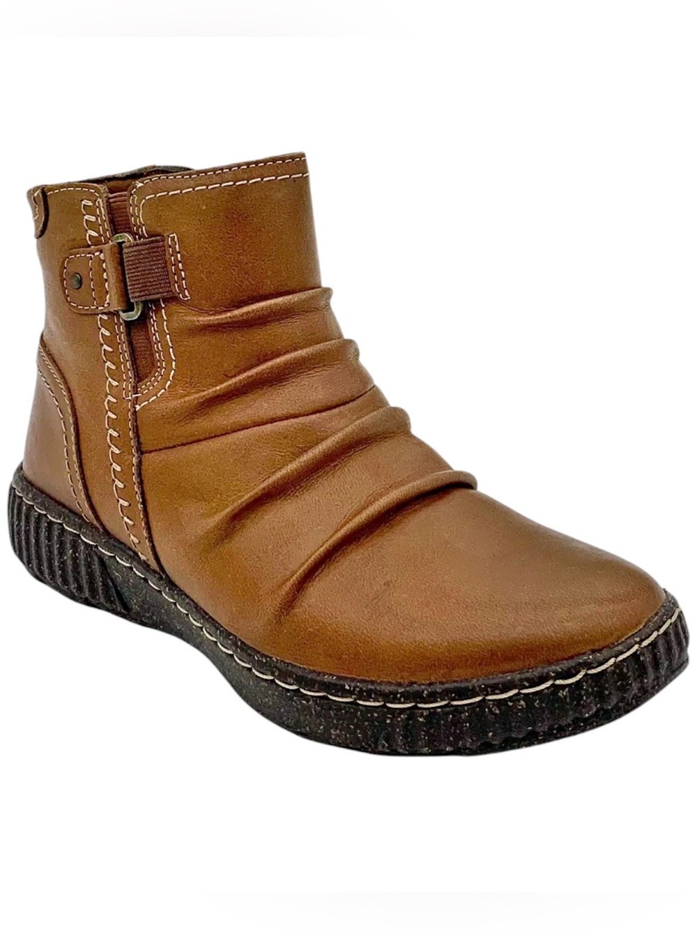 Clarks Tan Ruched Leather Ankle Boot with Buckle